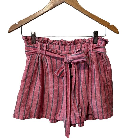 American Eagle Hi Rise Pocket Shorts Paper Bag Pink Gray Stripe Linen Cotton M - Picture 1 of 9